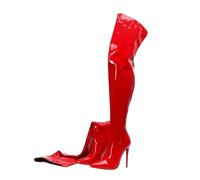 Alloaone Bottes au-dessus du genou en cuir PU brillant pour femme Bout pointu 12 cm Talon aiguille avec fermeture éclair arrière, Conforme à l'image., 43.5 EU