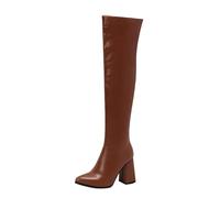 Alloaone Bottes au-dessus du genou en cuir synthétique extensible pour femme Bout pointu 9,5 cm de haut Talon carré à enfiler, Talons 9 5cm2, 42 EU