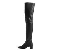 Alloaone Bottes au-dessus du genou en cuir véritable noir pour femme Bout carré 4 cm Talon bloc bas avec fermeture éclair latérale, Noir , 44.5 EU