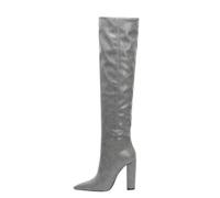 Alloaone Bottes au-dessus du genou pour femme 11 cm Bout pointu Talon carré Faux daim Chaussures à enfiler Style Western, 085 Gris, 39 EU