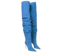 Alloaone Bottes au-dessus du genou pour femme 9,5 cm Plissées Bout pointu Stiletto Haut Talon Polaire À enfiler Pour les occasions formelles, Suède bleu, 39.5 EU