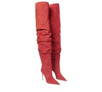 Alloaone Bottes au-dessus du genou pour femme 9,5 cm Plissées Bout pointu Stiletto Haut Talon Polaire À enfiler Pour les occasions formelles, Daim rouge, 42.5 EU
