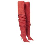 Alloaone Bottes au-dessus du genou pour femme 9,5 cm Plissées Bout pointu Stiletto Haut Talon Polaire À enfiler Pour les occasions formelles, Daim noir, 42.5 EU
