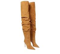Alloaone Bottes au-dessus du genou pour femme 9,5 cm Plissées Bout pointu Stiletto Haut Talon Polaire À enfiler Pour les occasions formelles, Daim orange., 41 EU