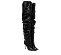 Alloaone Bottes au-dessus du genou pour femme 9,5 cm Plissées Bout pointu Stiletto Haut Talon Polaire À enfiler Pour les occasions formelles, PU Noir, 40.5 EU