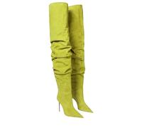 Alloaone Bottes au-dessus du genou pour femme 9,5 cm Plissées Bout pointu Stiletto Haut Talon Polaire À enfiler Pour les occasions formelles, Daim jaune., 42.5 EU
