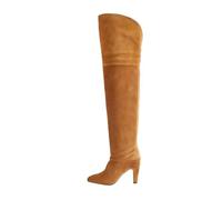 Alloaone Bottes au-dessus du genou pour femme - Bout rond - Talon épais - Sangle en daim de vache - À enfiler - Style moderne et décontracté - 7,5 cm, Doublure en peluche marron, 41 EU