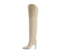 Alloaone Bottes au-dessus du genou pour femme - Bout rond - Talon épais - Sangle en daim de vache - À enfiler - Style moderne et décontracté - 7,5 cm, beige, 41 EU