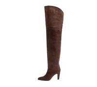 Alloaone Bottes au-dessus du genou pour femme - Bout rond - Talon épais - Sangle en daim de vache - À enfiler - Style moderne et décontracté - 7,5 cm, Doublure en peluche café, 39.5 EU