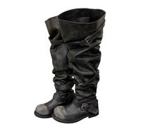 Alloaone Bottes de moto au-dessus du genou pour femme Bout rond Talon carré Plissé Boucle Sangle Style Punk, Noir , 40 EU