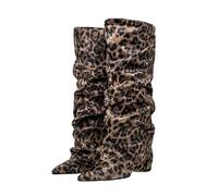 Alloaone Bottes plissées pour femme - 9 cm - Bout pointu - Carré - En microfibre - À enfiler, 876Beige Léopard, 44 EU