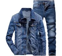 Alloaone Ensembles pour Hommes Costume en Jean Bleu Simple Printemps Automne Ensemble Deux pièces Mince 0068806 Jacket XXL Jeans 34