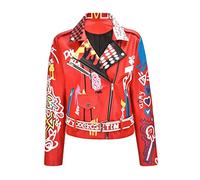 Alloaone Femmes Faux Cuir Rivet Léopard Épissage Graffiti Impression Motard Punk Rock Perles PU Cuir Motards Manteaux Red XXL