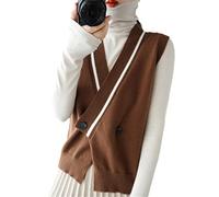 Alloaone Gilet en cachemire pour femme Col en V sans manches Boucle Pull Gilet Gilet en tricot, café, L