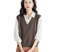 Alloaone Gilet en tricot pour femmes, en cachemire, sans manches, col en V, ample, pour l'automne et l'hiver, café, M