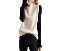 Alloaone Gilet tricoté à col roulé en laine pour femme Printemps et automne Gilet ample sans manches, Couleur beige., XL