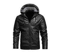 Alloaone Hommes Vestes Cuir Polaire À Capuche PU Veste Moto Biker Manteaux Chapeau Détachable Chaud Tops Black XL