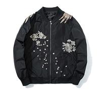 Alloaone Printemps Automne Hommes Fleur Phoenix Broderie Veste Souvenir Baseball Pilote Veste Manteau Lâche Thick Black Flower S