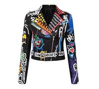 Alloaone Printemps Punk Rock PU Cuir Veste Femmes Graffiti Clouté Rivet Streetwear Court Moto Vestes Et Manteau 1 M