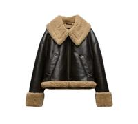 Alloaone Veste de motard Double face en simili cuir pour femme fausse fourrure chaude laine d'agneau épaisse manteau court vêtements d'extérieur en PU BROWN S