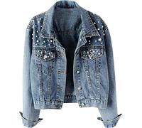 Alloaone Veste en jean tendance à manches longues pour femme avec boutons et perles, bleu jean, M