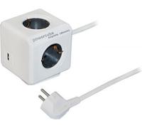 allocacoc PowerCube DuoUSB Extended Grau EU, répartiteur de prises 4x avec courant de charge USB 2,1 A, blanc gris