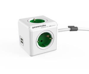 allocacoc PowerCube DuoUSB Extended Green, 4 prises de courant 1,5 m câble