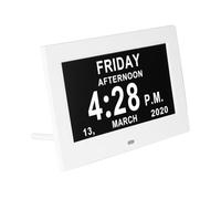ALLOMN Grande horloge numérique avec calendrier et date de 17,8 cm avec jour et date pour les personnes âgées, avec 12 options d'alarme pour personnes âgées, malvoyantes, perte de mémoire (blanc)
