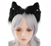 alloneslife Bandeau d'oreille en peluche avec oreilles de chat pour Halloween, carnaval, fête, cosplay, animes - Unisexe (cheveux noirs, yeux bleus)