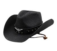 alloneslife Chapeau de cowboy, chapeau de paille avec ceinture en polyuréthane pour homme et femme, chapeau respirant, chapeau occidental, chapeau de plage, chapeau de vacances fait à la main, Noir ,