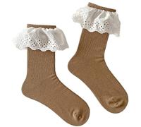 alloneslife Chaussettes d'automne à volants en dentelle patchwork coréenne pour filles, couleur bonbon, chaussettes tube central en coton côtelé, Couleur thé au lait., XL-5XL