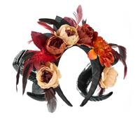 alloneslife Serre-tête punk en corne de mouton avec roses foncées pour Halloween, fêtes et festivals, accessoire de cheveux doux et confortable pour femme (B)