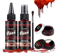 Allony Faux Sang Halloween Lavable, Maquillage Halloween Faux Sang Set, Faux Sang Coagul, 100 ml Faux Sang spray +100ml Faux Sang Liquide+30 ml Faux Sang Coagulé+Peinture de Visage Tricolore