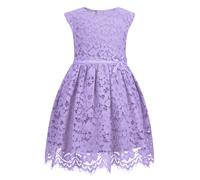ALLOVIN Robe sans Manches en Dentelle pour Filles et Tout-Petits, Coupe trapèze, fête, Anniversaire, Mariage et Demoiselle d’Honneur avec nœud perlé | Violet | 6-7 Ans