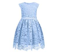 ALLOVIN Robe sans Manches en Dentelle pour Filles et Tout-Petits, Coupe trapèze, fête, Anniversaire, Mariage et Demoiselle d’Honneur avec nœud perlé | Bleu | 10-11 Ans