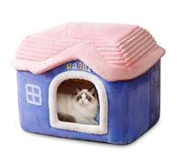 ALLSOPETS Maison Chaude Pliable pour Chats et Chiens, Lit Grotte Doux d’Intérieur avec Coussin Amovible et Fond Antidérapant, Lavable pour Petits Animaux (Bleu, M)