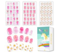 Allstarry 72pcs 3 pack Children Nails Press on Pre-glue Full Cover Bear Sunflower Doughnut Short False Nail Kits Lovely Gift for Children Little Girls Nail Art Decoration - Pink Party