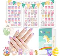 Allstarry Faux ongles pour enfants à presser - Couverture complète - Motif lapin - Dégradé de couleur à pois - pour les petites filles - Décoration d'ongles - Planète violette