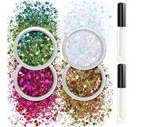 Allstarry Holographic Chunky Body Glitter 4 Colors Cosmetic Face Glitter Face Paint Sparkle Eye Flakes Festival Hair Sequins Mermaid Rave Accessories with Body Glue for Women Makeup Nails DIY Crafts