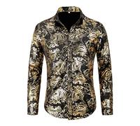 Allthemen Chemise Homme à Manches Longues Paisley Floral Jacquard Slim Fit Casual Imprimée pour Mariage Soirée Or M