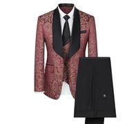 Allthemen Costume 3 pièces Homme Paisley Tuxedo Jacquard Slim Fit Col Châle Veste pour Mariage Rouge L