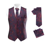 Allthemen Gilet Homme Classique Paisley Costume Floral Jacquard Ensemble de Cravate et Gilet de Poche pour Mariage Bleu/Rouge L