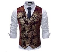 Allthemen Gilet Homme Classique Paisley Floral Jacquard Gilet Mariage Luxe Soirée Slim Fit Gilet de Costume pour Homme Rouge or M