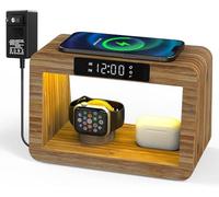Alltripal Station de charge sans fil avec horloge, lampe de bureau 15 W avec chargeur rapide sans fil, veilleuse avec 3 couleurs, station de charge sans fil en bambou pour iPhone/AirPod/iWatch,