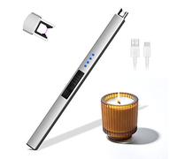 Allume Bougie Electrique, Rouclo Briquet Électrique USB Rechargeable avec Affichage LED,Briquet Arc Électrique Coupe-Vent sans Flamme pour Cuisine,Bougie,Barbecue,Cheminée,Gazinière (Argent)