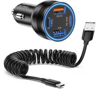 Allume Cigare USB C,4 Ports 65W PD3.0 et QC3.0 Allume USB Rapide Adaptateur DC12V-24V Prise USB Chargeur Voiture avec 1.5 M Câble Spiralé USB C Compatible avec Samsung S24 S23(A-C Cable)