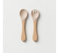 ALLY KIDS - Couverts Bébé Ergonomiques - Cuillère et Fourchette en Silicone Alimentaire & Bois de Hêtre - Set d'Apprentissage avec Boîte de Rangement - Diversification 9 à 36 Mois - Beige