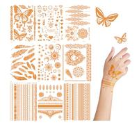 ALLY-MAGIC E9TJWST Lot de 9 feuilles de tatouages adhésifs pour femme Doré Paillettes dorées Pour femme Tatouages temporaires pour fête festival Halloween