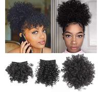 Allyreetress Queue de cheval afro bouffante avec cordon de serrage et frange ananas pour femme noire, chignon court frisé avec 2 frange remplaçables (#1B-noir)