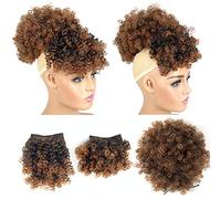 Allyreetress Queue de cheval afro Puff avec cordon de serrage et 2 franges, chignon afro avec frange bouclée et frange afro Puff à clipser, chignon ananas avec frange (T1B/30)